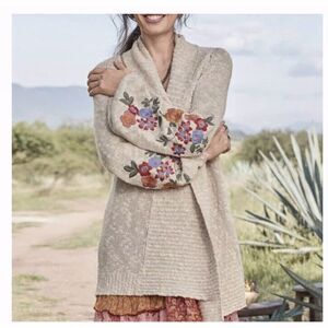 Sundance Floral Embroidered Linen Blend Open Cardigan Sweater Large Boho Cottage